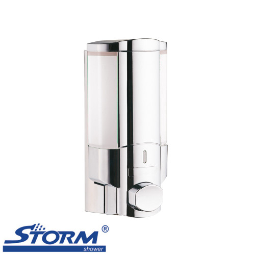 Modern chrome wall mounted single liquid soap dispenser for luxury Australian bathrooms.