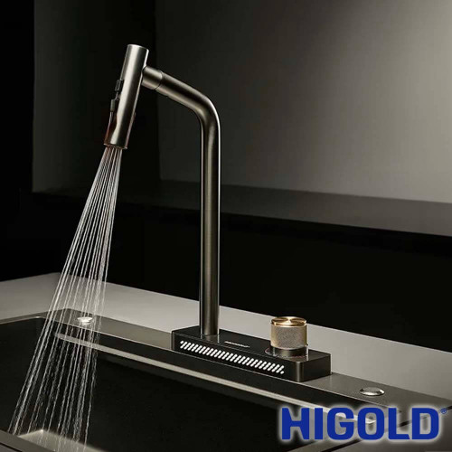 Versa Nova (Waterfall) Dual Flow Deck Waterfall & Pull Out Kitchen Mixer Tap - Gun Grey Stainless Steel