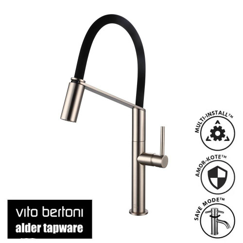 Vito Bertoni Cori Brushed Nickel Pull Down Kitchen Mixer Tap with Black Silicone Hose in Australian Kitchen Setting