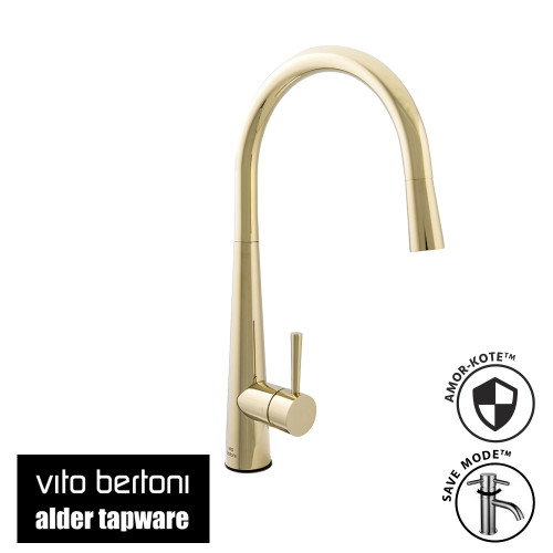 Vito Bertoni Nuova Calare Champagne Gold Round Pull Out Kitchen Mixer Tap with Gooseneck Spout in Australian Designer Kitchen setting