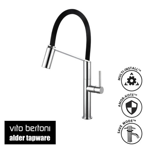 Vito Bertoni CORI Chrome Pull Down Kitchen Mixer Tap with Black Silicone Hose, available in Australia.