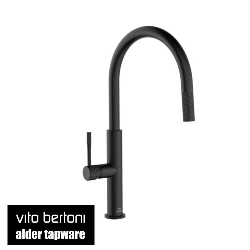Vito Bertoni Riva matte black lead-free pull-out kitchen mixer tap with gooseneck spout and knurled pin lever available at Renovator Store Australia.