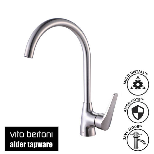 Alder SOHO Sink Mixer Gooseneck Brushed Nickel lead-free kitchen tapware in Australia.