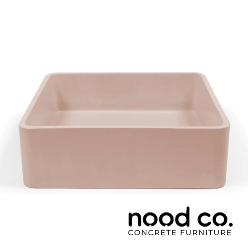 Nood Co Vesl Blush Pink Square Concrete Surface Mount Basin for Australian Bathrooms.