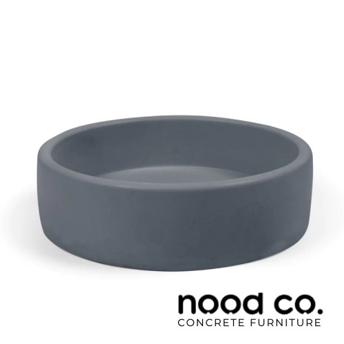 Nood Co Copan Blue Funl Round Concrete Basin, surface-mounted bathroom sink, Australian handmade concrete artistry.