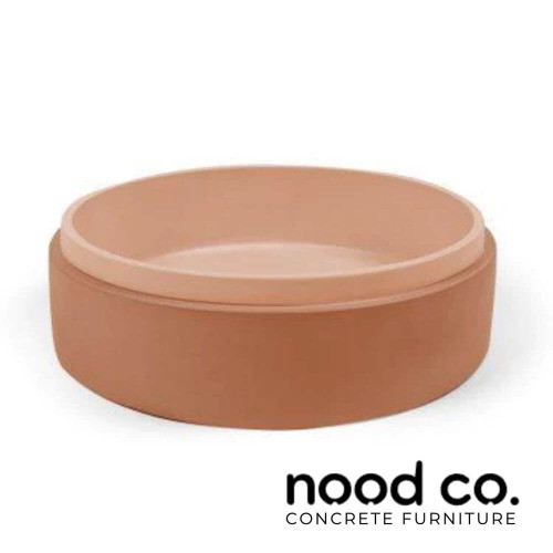 Modern Pastel Peach Two-Tone Round Concrete Bathroom Basin by Nood Co Australia, Surface Mounted Vessel Sink for Designer Interiors.