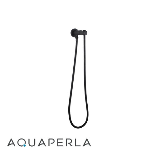 Aquaperla Matte Black Round Shower Bracket Holder and 1.5m Hose for modern Australian bathroom renovations.