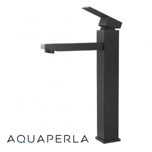 Aquaperla Solid Brass Square Tall Basin Mixer Tap in Matte Black finish, an elegant bathroom vanity essential for contemporary Australian homes.