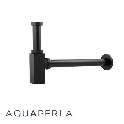 Modern matte black solid brass 32mm bottle trap for bathroom basins and wall-hung vanities, high-quality designer plumbing hardware available in Australia and New Zealand.