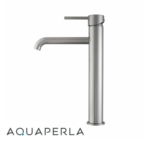 Modern Aquaperla Lucid Pin Series Round Brushed Nickel Tall Basin Mixer Tap for contemporary Australian bathrooms.