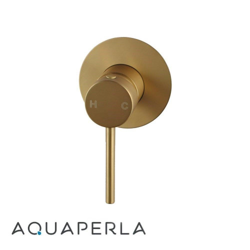 Aquaperla Lucid Pin Brushed Yellow Gold Round Shower or Bath Wall Mixer with 80mm Cover Plate for modern Australian bathrooms.
