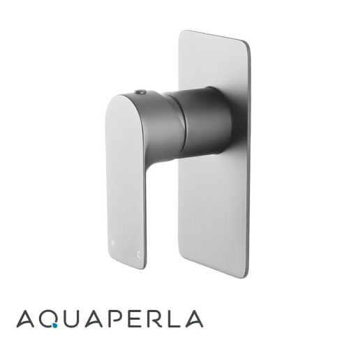 Aquaperla VOG Series square brushed nickel wall mixer tap for shower or bath, modern bathroom tapware, Australian standard compliant, Renovator Store.