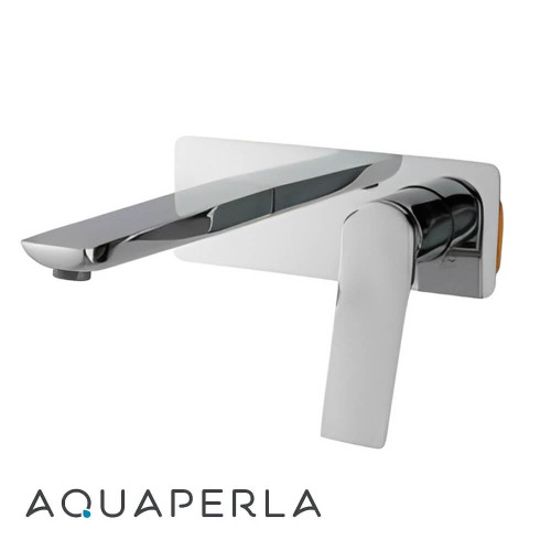 Modern Aquaperla Rushy Chrome Square Wall Mixer with Spout for contemporary Australian bathroom renovations.