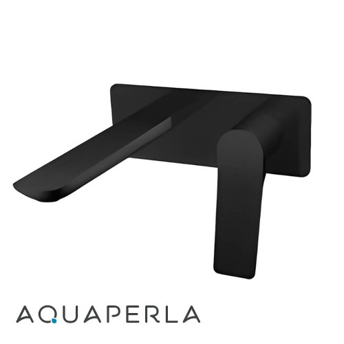 Aquaperla Rushy Matte Black Square Wall Mixer with Spout, premium solid brass bathroom tapware for modern Australian homes.
