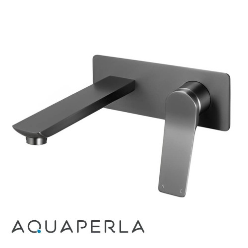 Aquaperla Rushy Square Brushed Gunmetal Grey Wall Mixer with Spout for modern Australian bathroom renovations.