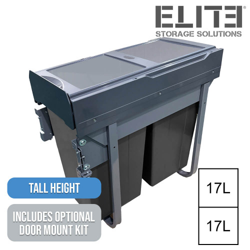 Dual compartment pull-out 34L waste bin for 300mm cabinet with optional door mount kit for Australian kitchens