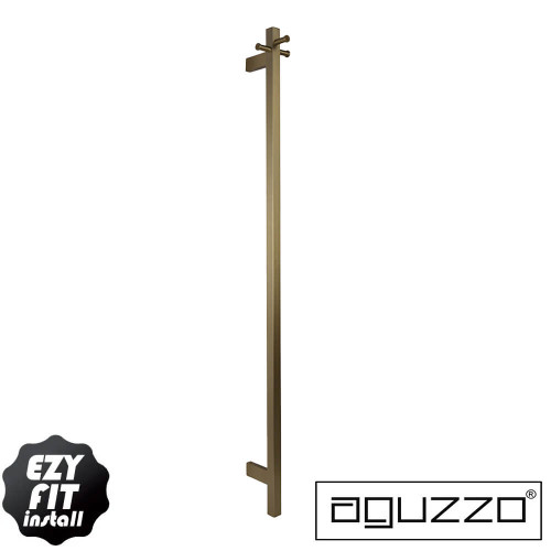 Aguzzo Ezy Fit Single Square Bar Vertical Heated Towel Rail in Brushed Brass finish for modern Australian bathrooms.