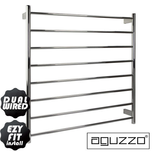 Modern 900mm wide round bar heated towel rail in polished chrome finish, dual wired for flexible installation in Australian bathrooms.