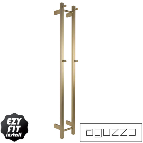 Aguzzo Ezy Fit Double Vertical Square Bar Heated Towel Rail in PVD Brushed Brass finish for modern Australian bathrooms.