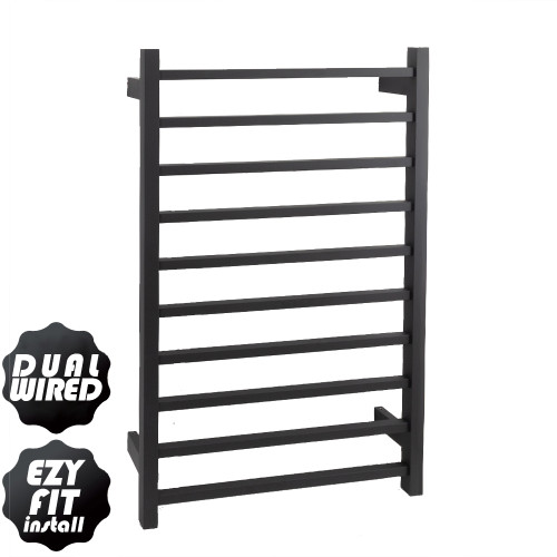 Aguzzo Matte Black Square Heated Towel Rail, 10 Bar Designer Bathroom Warmer, Australia-wide Delivery.
