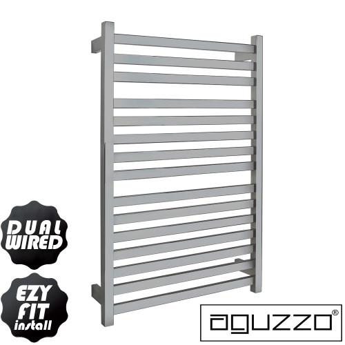 Aguzzo EZY FIT 600mm Flat Tube Dual Wired Polished Stainless Steel Heated Towel Rail in an Australian modern bathroom setting.