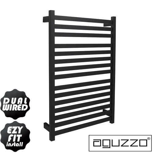 Modern Aguzzo matte black square bar heated towel rail, high-quality bathroom towel warmer for Australian homes.