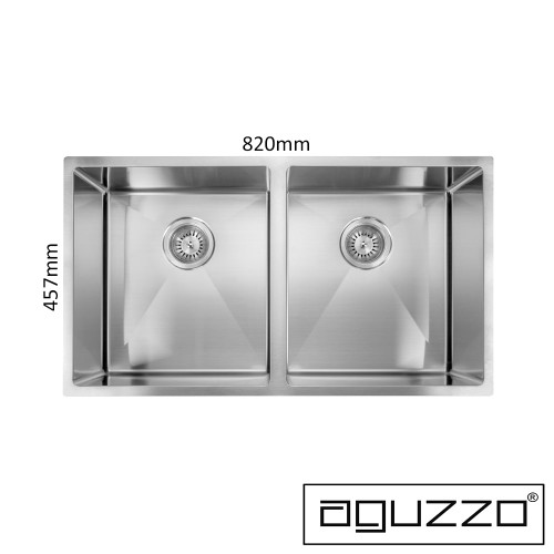 Aguzzo 820mm Double Bowl Stainless Steel Kitchen Sink with Dimensions and Branding, Australia