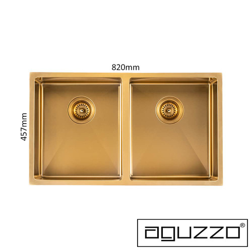 Aguzzo 820mm Double Bowl Stainless Steel Kitchen Sink in Brushed Gold finish, available at Renovator Store Australia.