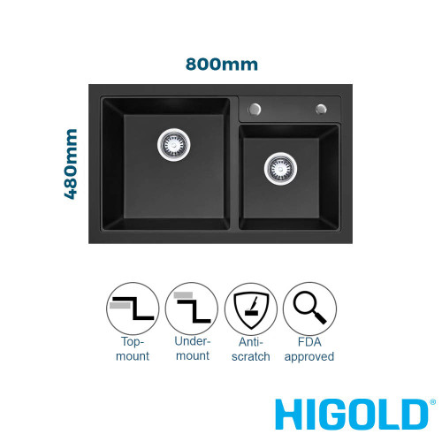 Higold 800mm Matte Black Granite Composite Double Bowl Kitchen Sink for modern Australian homes.