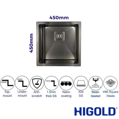 Higold Vante 450mm PVD Gunblack Single Square Bowl Kitchen Sink featuring a nano-coated bead-blasted texture and R10 rounded corners for modern Australian kitchens.