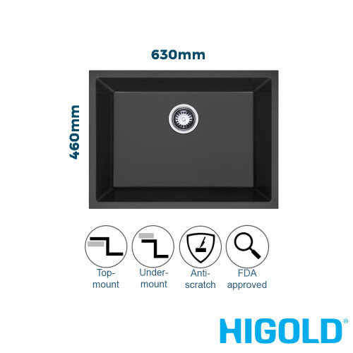 Higold 630mm matte black granite composite single bowl kitchen sink available at Renovator Store for topmount or undermount installation in Australia.