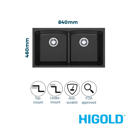 Higold Matte Black Granite Composite Double Bowl Kitchen Sink 840mm – Durable Anti-Scratch Undermount or Topmount Sink Australia