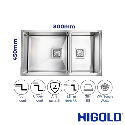 HIGOLD Vante 800mm Double Bowl Stainless Steel Kitchen Sink with Brushed Finish for Australian Kitchens
