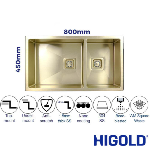 HIGOLD Vante Nano Coated Double Bowl Kitchen Sink - 800mm - PVD Champagne Gold Finish - Bead Blasted Stainless Steel - Australia wide delivery