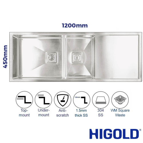 Higold Vante 1200mm Brushed Stainless Steel Double Bowl Kitchen Sink with Integrated Drainboard for Australian modern kitchens.