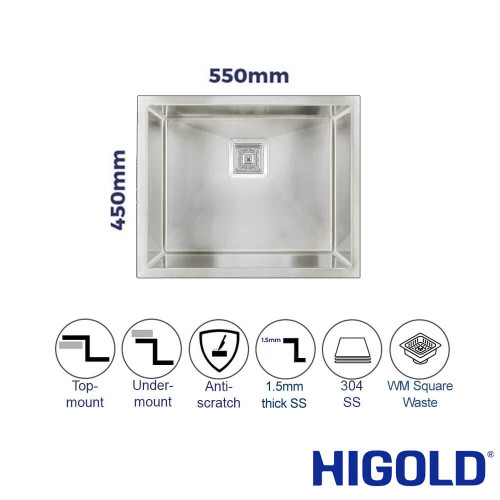 Higold Vante 550mm Single Bowl Brushed Stainless Steel Kitchen Sink Australia