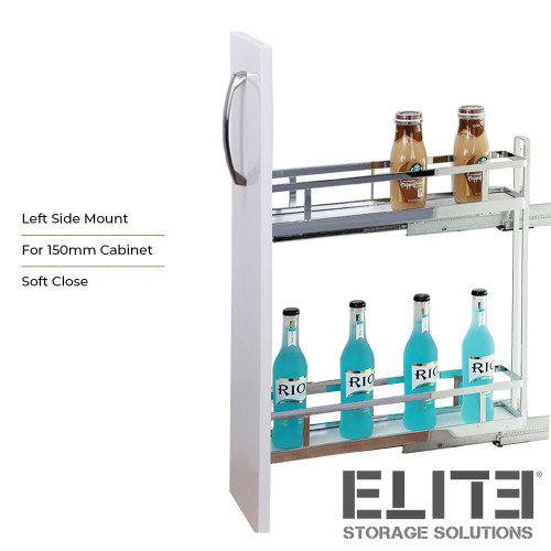 Elite Provedore Left Side Mount 150mm Under Bench Pull Out Kitchen Cabinet Organiser with 2 Tier Solid Timber Base Baskets.