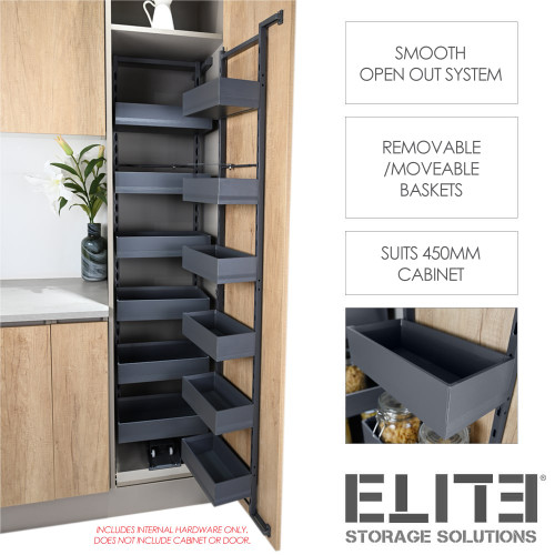 Elite Nero Open Out Tandem Pantry with Dark Grey Baskets for 450mm Wide Kitchen Cabinet 1700mm Height - Renovator Store Australia
