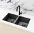 Meir MK02 Matte Black Round Kitchen Mixer Tap with 360 Degree Swivel Square Neck installed on a Stainless Steel Double Bowl Sink in an Australian home kitchen.