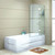 Modern bathroom featuring a Della Francesca frameless glass shower panel installed over a white built-in bathtub in Australia.