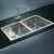 Modern double bowl stainless steel undermount kitchen sink with rounded corners and brushed finish.
