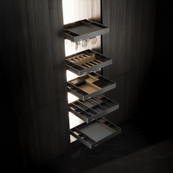 Higold Shearer Space Pull Out Tower Pantry Unit with 6 Grey Trays for 600mm Kitchen Cabinets - Renovator Store Australia