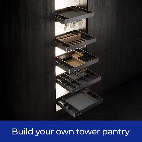 Higold Kitchen Tower Pantry with Individual Soft Close Pull Out Shelves and Grey Baskets for Modern Australian Kitchen Storage - Renovator Store Australia