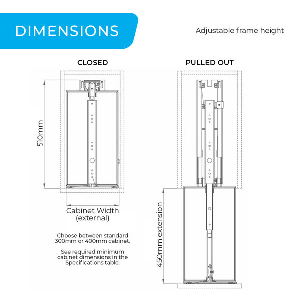 Higold Shearer Soft Close Pull Out Pantry 300mm and 400mm Cabinet Dimensions Diagram - Renovator Store Australia