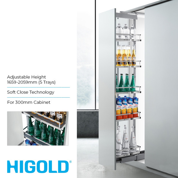 Higold Diamond Pull Out Pantry Unit with 5 Soft Close Baskets for 300mm Kitchen Cabinets Australia