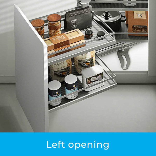 Kitchen blind corner cabinet storage pull-out baskets with left opening for efficient under-cabinet organization in Australia.