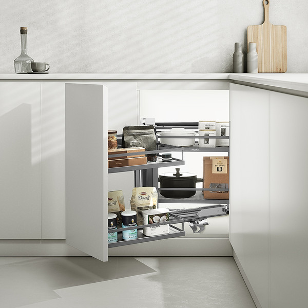 Higold Diamond Style Magic Corner Kitchen Storage Pull Out Baskets in Matte Grey for Blind Corner Cabinets, available at Renovator Store Australia.