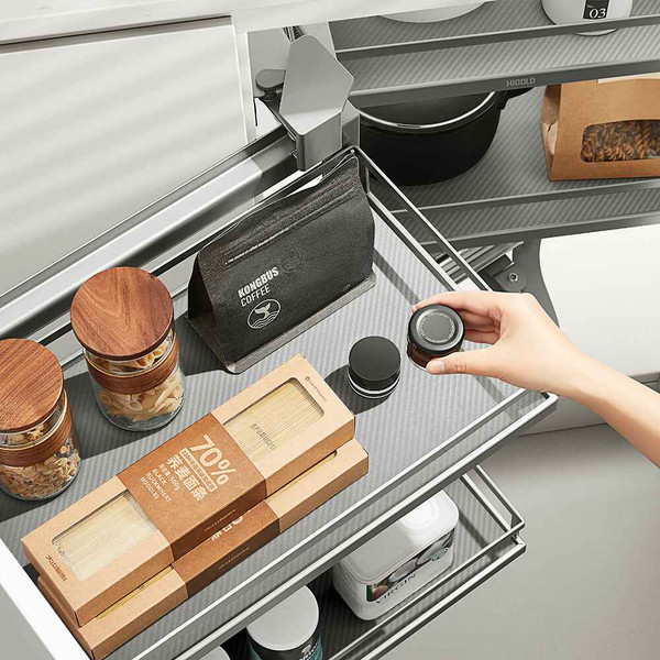 Higold Diamond PRO Magic Corner Pull Out Kitchen Storage featuring four matte grey baskets and soft close mechanism for 900mm blind corner cabinets in Australia.