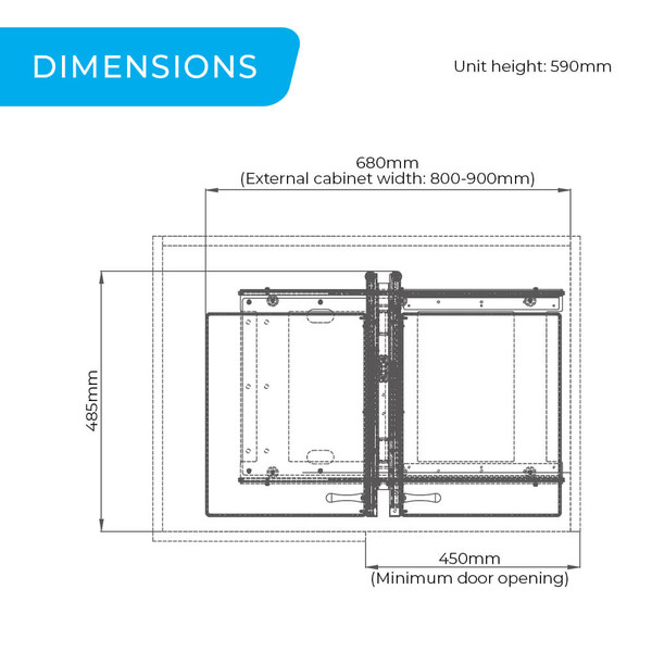 Technical drawing of the HIGOLD Shearer Show Hand Magic Corner II pull-out kitchen storage unit, detailing dimensions for 900mm blind corner cabinets in Australia.