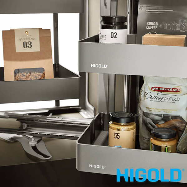 Higold Shearer Style kitchen corner storage basket component with round edges and matte grey finish for Australian modern kitchen cabinet organization.
